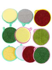 3pcs/set Plastic Casual Style Cleaning Sponge, Round Contrast Binding Scouring Pad For Kitchen - Multicolor - View 3