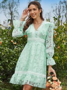 Eilly Bazar Đầm Tương phản ren Xù Viên lá sen Buộc lại Dây kéo Hoa Tất cả trên in Boho - Màu xanh Bạc hà - Xem 2