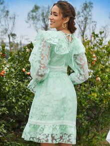 Eilly Bazar Đầm Tương phản ren Xù Viên lá sen Buộc lại Dây kéo Hoa Tất cả trên in Boho - Màu xanh Bạc hà - Xem 3