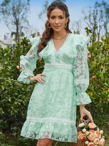 Eilly Bazar Đầm Tương phản ren Xù Viên lá sen Buộc lại Dây kéo Hoa Tất cả trên in Boho - Màu xanh Bạc hà - Xem 5