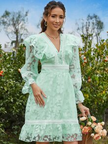 Eilly Bazar Đầm Tương phản ren Xù Viên lá sen Buộc lại Dây kéo Hoa Tất cả trên in Boho - Màu xanh Bạc hà - Xem 6