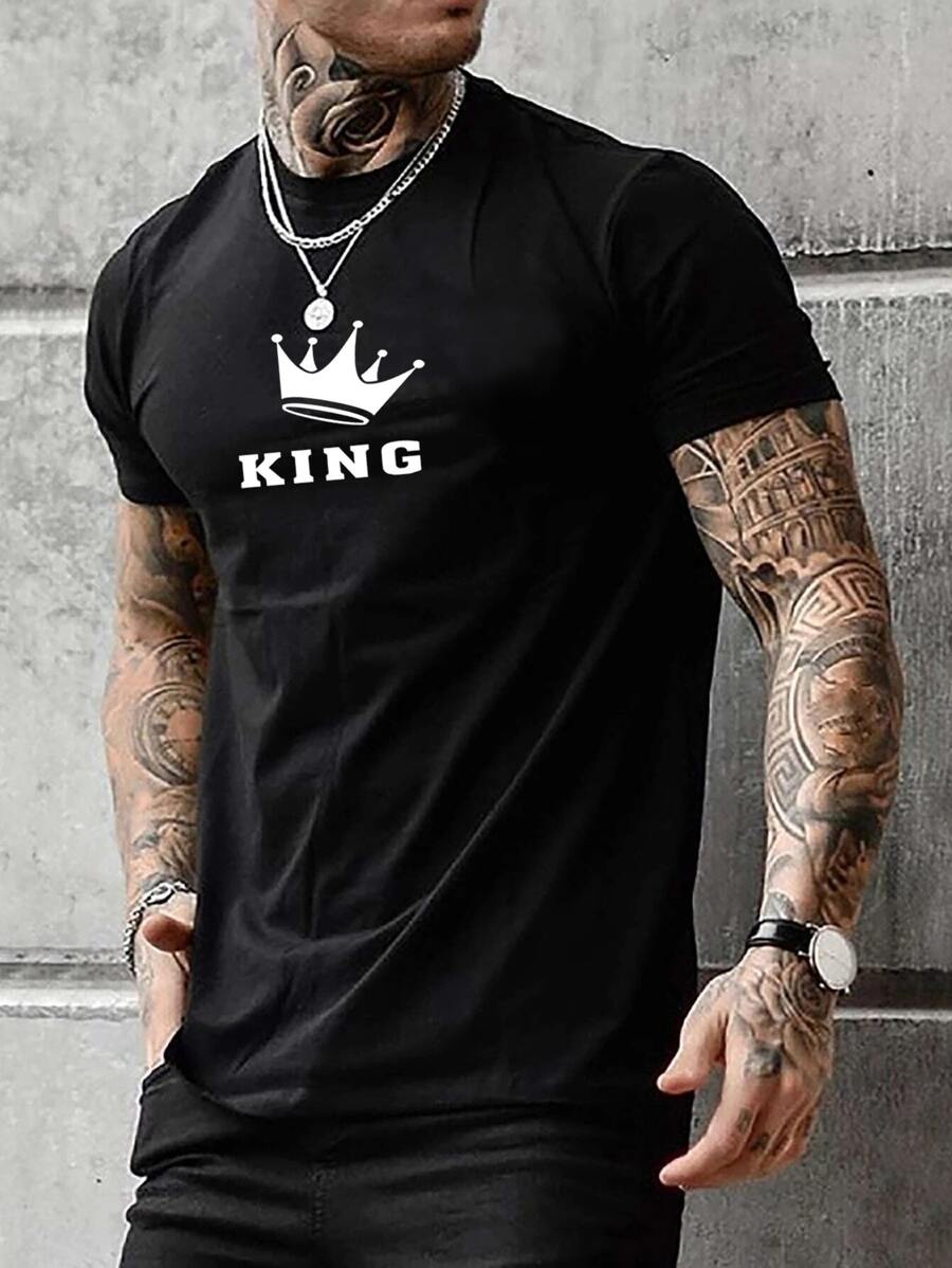 Manfinity Homme Playera para hombre de corte ajustado con cuello redondo, manga corta, estampado gráfico, sencilla y casual tela de punto para el verano - Negro - Ver 1