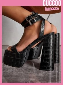 Xăng đan Cao gót Nữ In cá sấu Dây đeo mắt cá chân Thanh lịch - màu đen - Xem 1