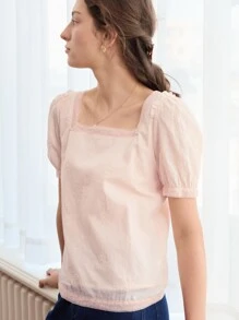 Simple Retro Blusa de cuello cuadrado de manga farol - Rosa Pálido - Ver 2