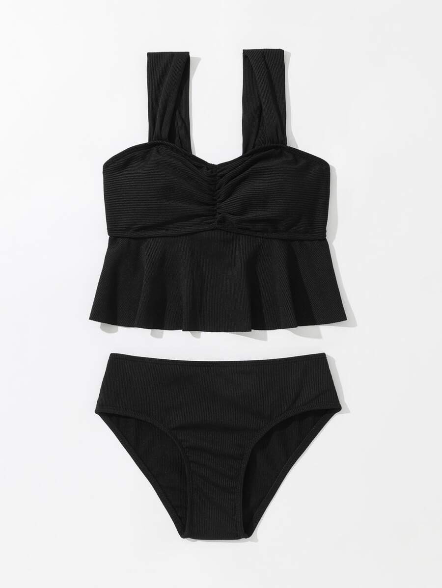 Conjunto de bikini fruncido con bajo con volantes para niña preadolescente, verano playa - Negro - Ver 1
