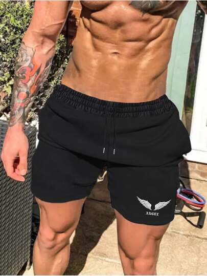 Pantalones cortos con cordón en la cintura con gráfico de alas y letras, pantalones cortos gráficos para salir, para regalos de esposo o novio