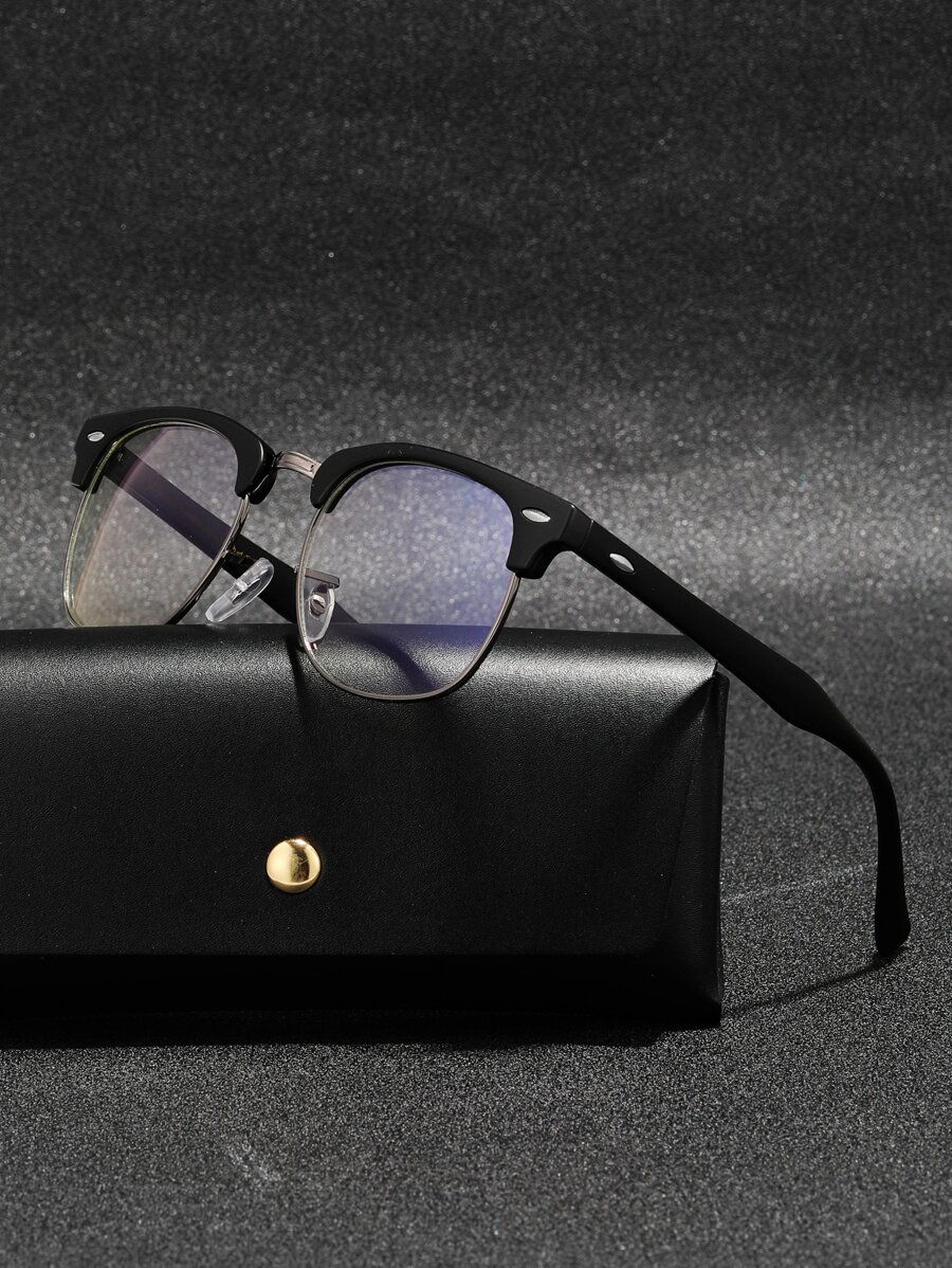 1 pieza Gafas clásicas de viaje con marco dorado de gelatina con mezcla de borde y decoración de tachuelas, lentes transparentes retro adecuadas para estudiantes que regresan al campus, con recubrimiento reflectante en la superficie de los lentes para bloquear la radiación. - Negro - Ver 1