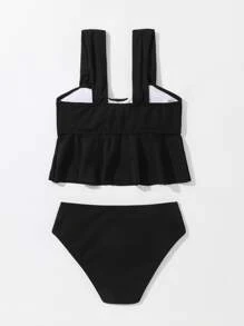 Conjunto de bikini fruncido con bajo con volantes para niña preadolescente, verano playa - Negro - Ver 2