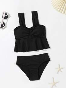 Conjunto de bikini fruncido con bajo con volantes para niña preadolescente, verano playa - Negro - Ver 5