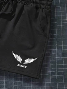 Manfinity LEGND Men Wings & Letter Graphic Drawstring Waist Shorts Graphic Going Out Shorts, For Husband, Boyfriend Gifts - Black - View 5