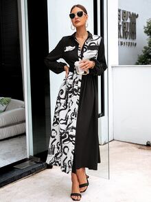 Glamaker 圖案印花燈籠袖腰帶襯衫洋裝