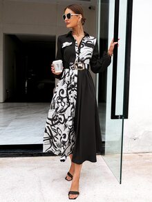 Glamaker 圖案印花燈籠袖腰帶襯衫洋裝