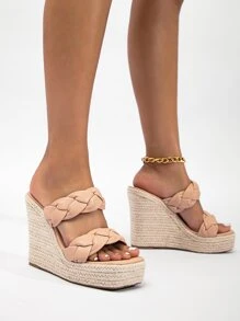 Braided Detail Espadrille Wedge Slide Sandals - Dusty Pink - View 1