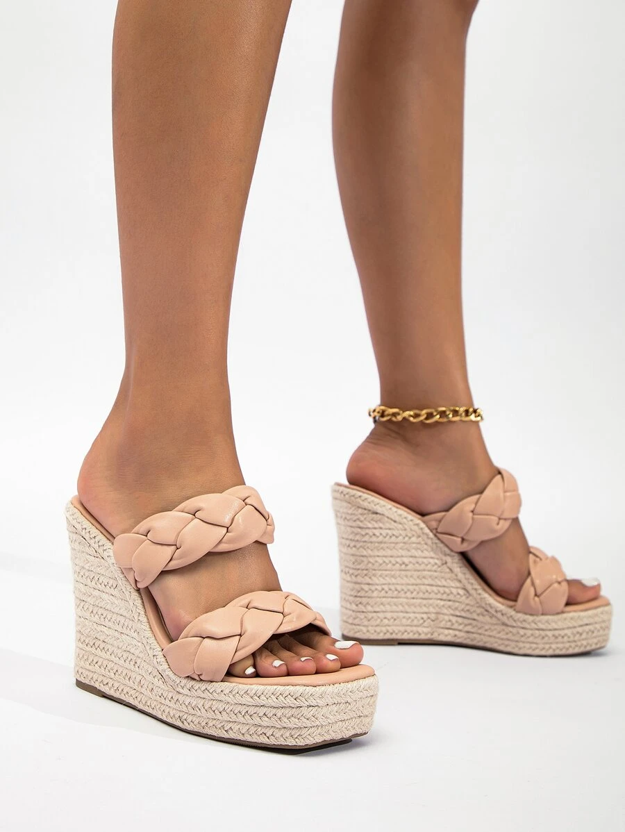 Braided Detail Espadrille Wedge Slide Sandals - Dusty Pink - View 1