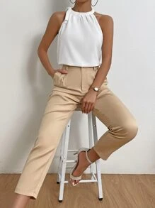 Chiquease Solid Halter Top & Slant Pocket Trousers - Apricot - View 1