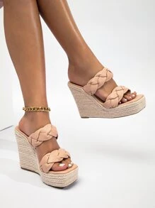 Braided Detail Espadrille Wedge Slide Sandals - Dusty Pink - View 2