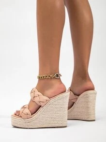 Braided Detail Espadrille Wedge Slide Sandals - Dusty Pink - View 3