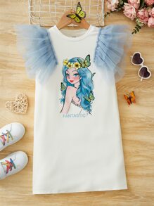 SHEIN Chicas Vestido con estampado de figura y letra de malla en contraste ribete con fruncido - Azul y blanco - Ver 1