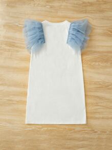 SHEIN Chicas Vestido con estampado de figura y letra de malla en contraste ribete con fruncido - Azul y blanco - Ver 2