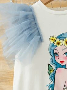 SHEIN Chicas Vestido con estampado de figura y letra de malla en contraste ribete con fruncido - Azul y blanco - Ver 3