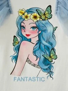 SHEIN Chicas Vestido con estampado de figura y letra de malla en contraste ribete con fruncido - Azul y blanco - Ver 4