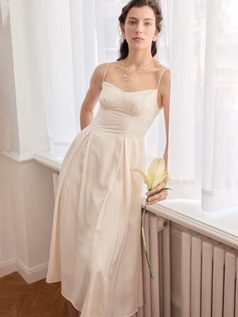 Simple Retro Solid Fold Pleated Detail Cami Dress