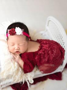 Newborn Photography Ruffle Trim Lace Bodysuit Prop - Burgundy - View 1