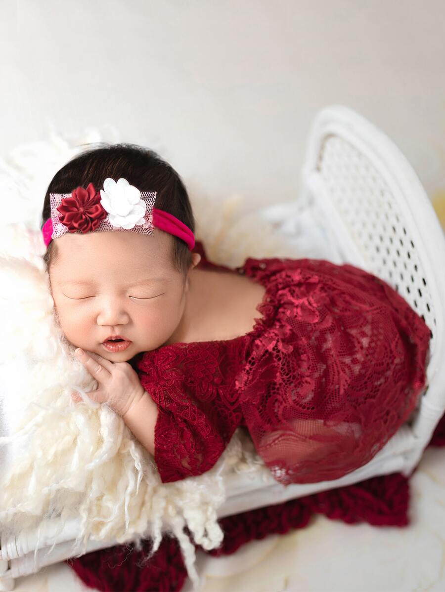 Newborn Photography Ruffle Trim Lace Bodysuit Prop - Burgundy - View 1