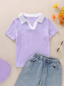 SHEIN 小女童拼接領紋理質感T恤 - 紫丁香色 - 查看 1