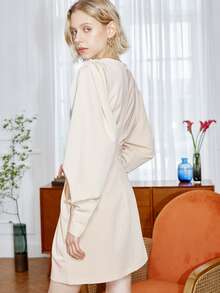 Solid V Neck Lantern Sleeve Fold Pleated Detail Dress - Beige - View 2