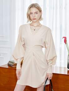Solid V Neck Lantern Sleeve Fold Pleated Detail Dress - Beige - View 7