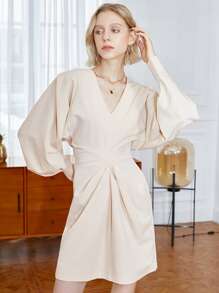Solid V Neck Lantern Sleeve Fold Pleated Detail Dress - Beige - View 1