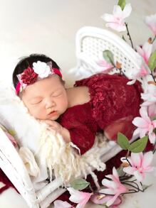 Newborn Photography Ruffle Trim Lace Bodysuit Prop - Burgundy - View 3