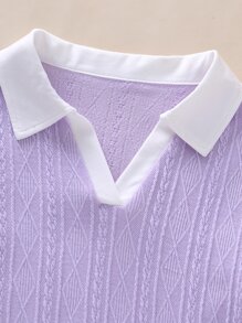 SHEIN 小女童拼接領紋理質感T恤 - 紫丁香色 - 查看 4