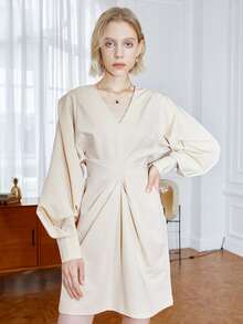 Solid V Neck Lantern Sleeve Fold Pleated Detail Dress - Beige - View 3