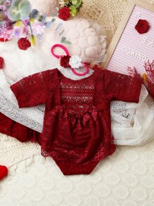 Newborn Photography Ruffle Trim Lace Bodysuit Prop - Burgundy - View 4