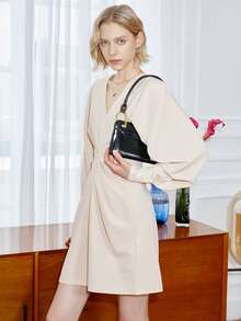 Solid V Neck Lantern Sleeve Fold Pleated Detail Dress - Beige - View 6