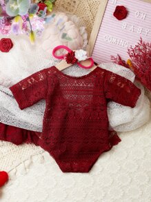Newborn Photography Ruffle Trim Lace Bodysuit Prop - Burgundy - View 6