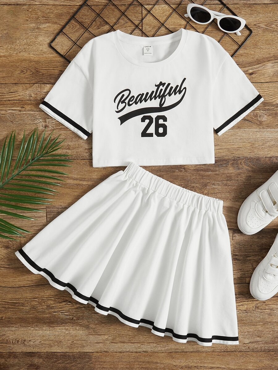 SHEIN 少女信件圖形撞色邊tee和裙子 - 白色 - 查看 1