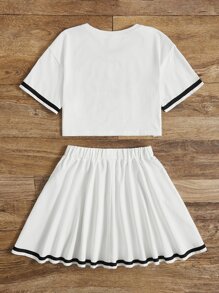 SHEIN 少女信件圖形撞色邊tee和裙子 - 白色 - 查看 2
