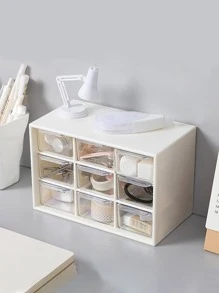 1pc 9 Grid Desktop Storage Box, Transparent White Desktop Organizer Box For Household - Beige - View 1