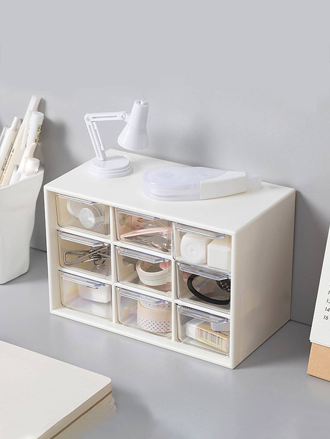 1pc 9 Grid Desktop Storage Box, Transparent White Desktop Organizer Box For Household - Beige - View 1