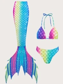 Swim Vcay Summer Beach Fish Scales Print Bikini Set Triangle Bra & Bikini Bottom & Mermaid Tail Cover Up Skirt 3 Piece Bathing Suit - Multicolor - View 7