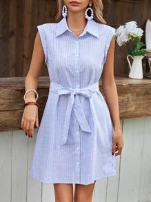 SHEIN Frenchy Đầm Thắt lưng Nút phía trước Sọc Giải trí - Xanh và trắng - Xem 3