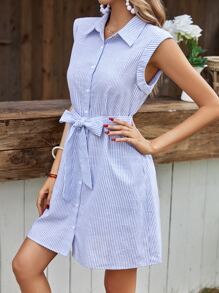 SHEIN Frenchy Đầm Thắt lưng Nút phía trước Sọc Giải trí - Xanh và trắng - Xem 5