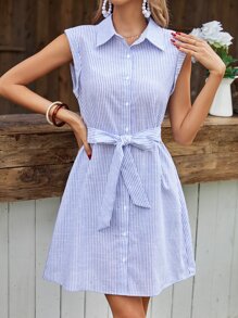 SHEIN Frenchy Đầm Thắt lưng Nút phía trước Sọc Giải trí - Xanh và trắng - Xem 1
