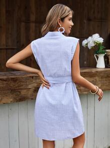 SHEIN Frenchy Đầm Thắt lưng Nút phía trước Sọc Giải trí - Xanh và trắng - Xem 6