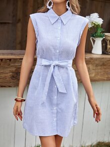 SHEIN Frenchy Đầm Thắt lưng Nút phía trước Sọc Giải trí - Xanh và trắng - Xem 7