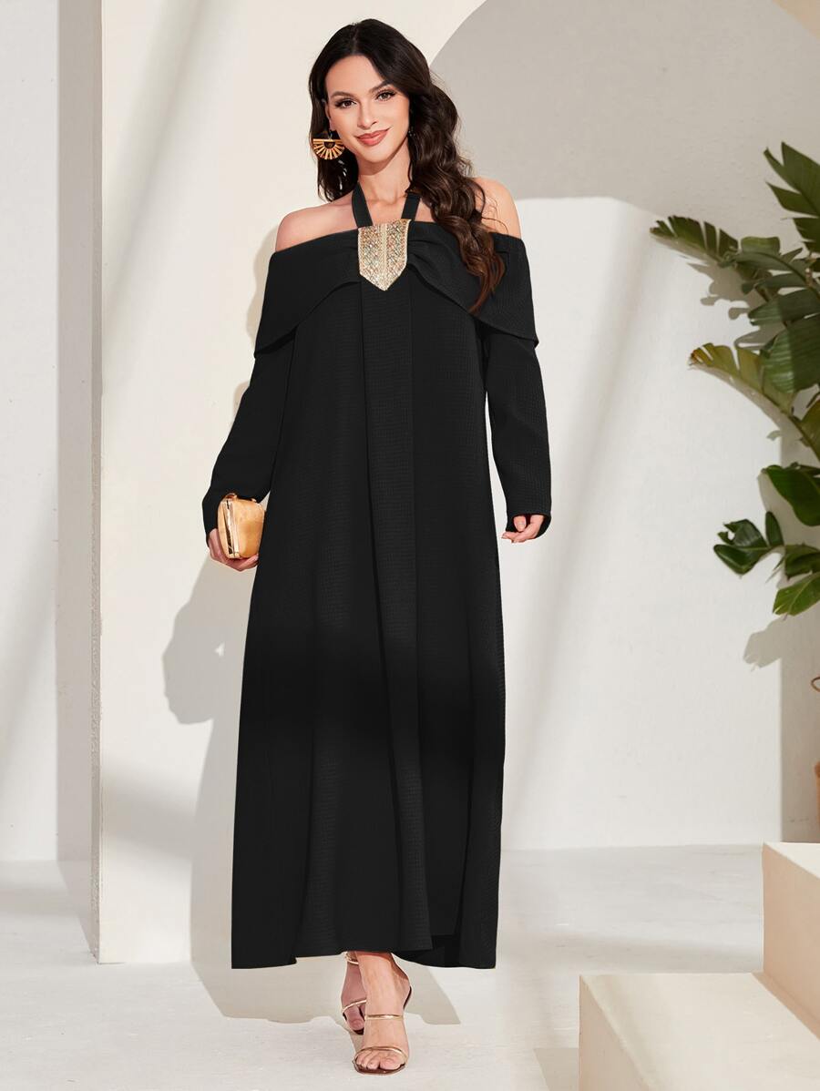 Modelyn Halter Neck Embroidery Detail Dress Long Evening Dresses - Black - View 1