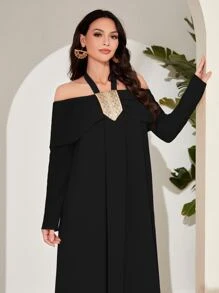 Modelyn Halter Neck Embroidery Detail Dress Long Evening Dresses - Black - View 4